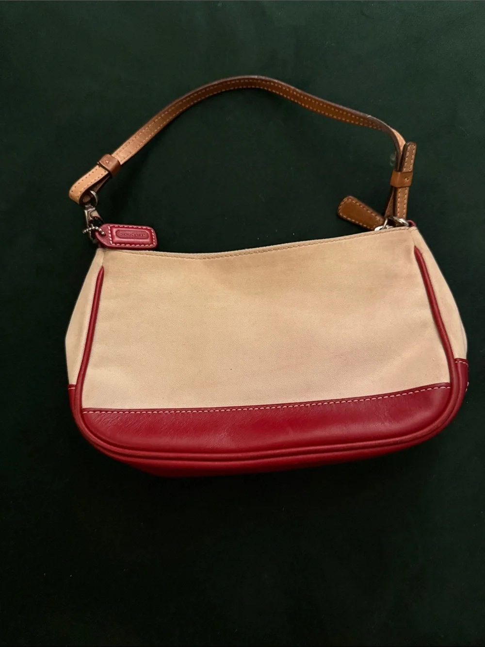 Coach Beige Canvas Shoulder Bag with Red Leather Trim